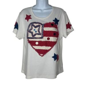 Vintage Cozy T-Shirt Women White Americana Heart Star Patchwork Patriotic Summer
